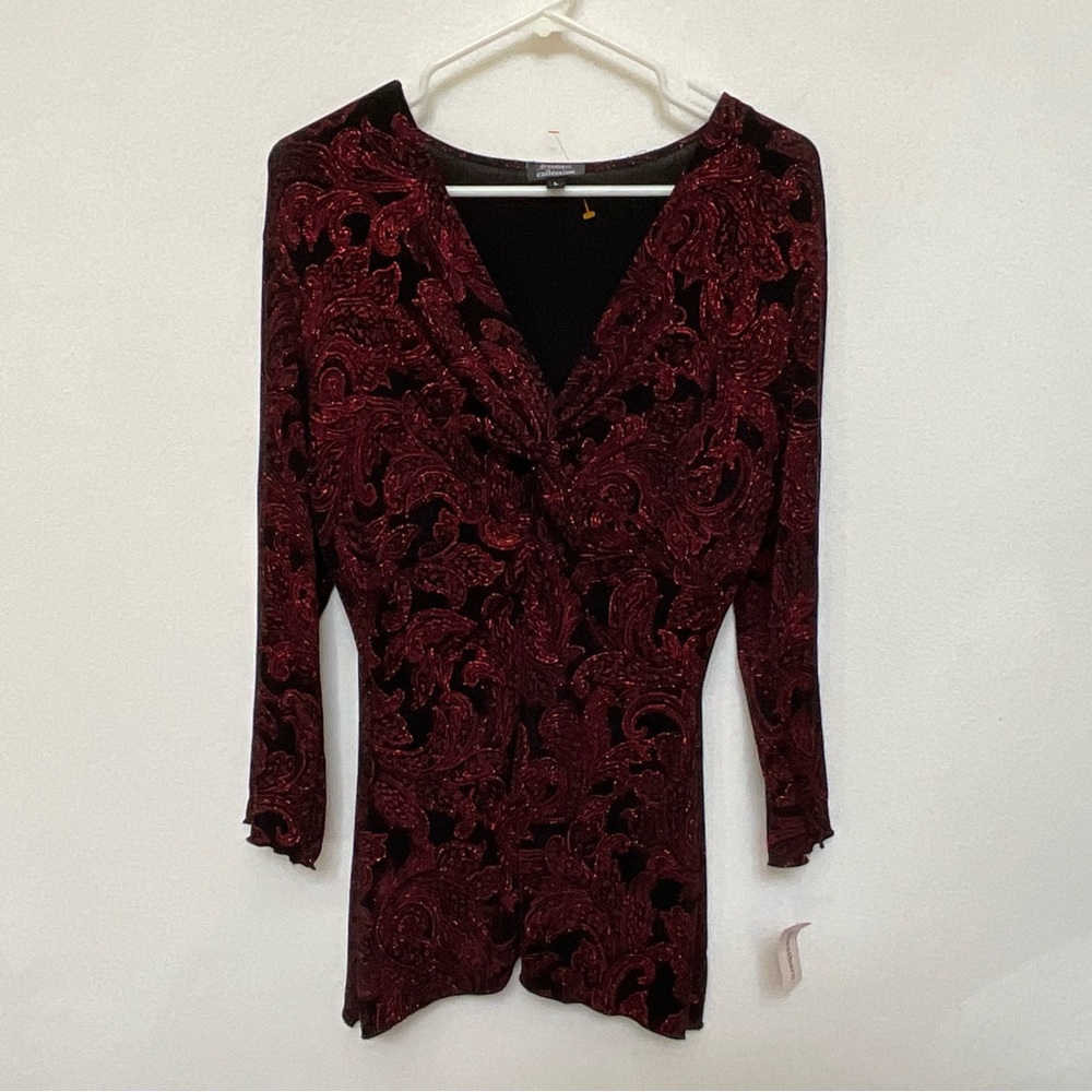 NWT Dress Barn Sparkley Red, Black Paisley Long Sleeve Size Large Festive Winter